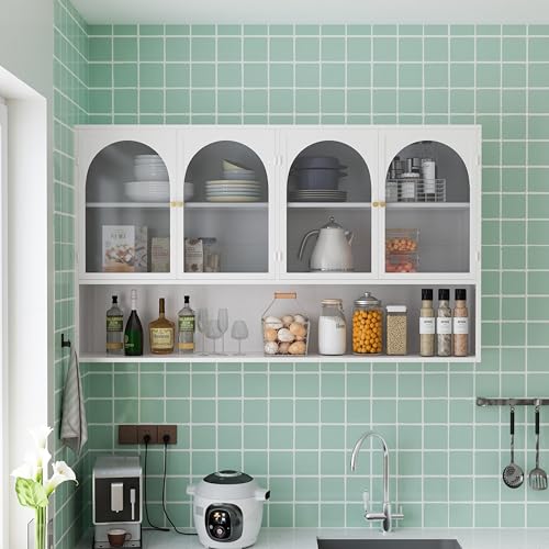 Generisch 120 cm de cristal de 4 puertas, armario de pared, adecuado para cocina, salón, baño (blanco)