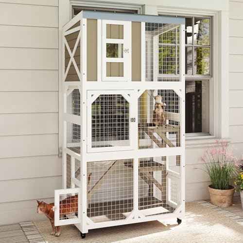 Ketive 64" Large Wooden Catio Outdoor Cat Enclosure, Window Cat