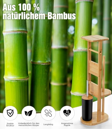 Relquorax Toilettenpapierhalter stehend Klopapierhalter Badmöbel Set WC Bürstengarnitur Klorollenhalter aus Bambus, mit Klobürste für Toiletten Badezimmer (Natur)