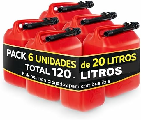 Garrafa Gasolina 20L Homologada Pack de 6 - Bidón Combustible Plástico con Visor de Nivel - Bidones para Gasolina y Gasoil Homologados 120 Litros - Rojo