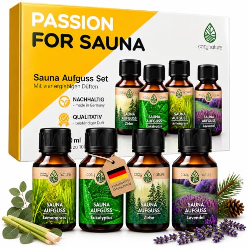 CozyNature® Saunaaufguss mit ätherischem Öl | Sauna Aufgussmittel | Sauna Zubehör | 4 Set - Eukalyptus Lemongrass Zirbe Lavendel - 4x 100ml | inkl. Gratis Sauna E-Book