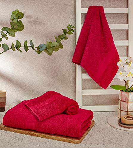 Image of Amazon Brand - Solimo 100% Cotton 3 Piece Towel Set, 500 GSM (Spanish Red)