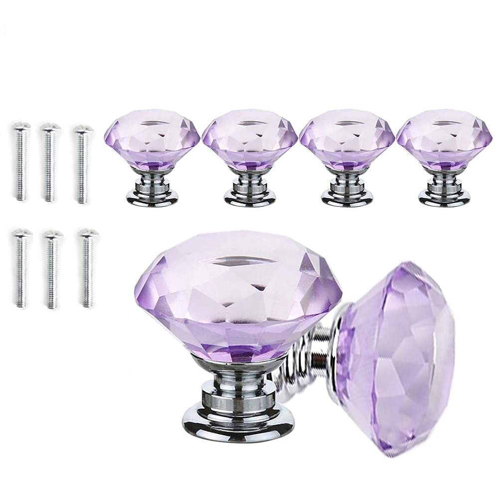 Ansiedio Purple Crystal Drawer Knobs - 6 Pcs 30Mm Glass Drawer Handles Crystal Cupboard Knobs Diamond Pulls With Screws For Kitchen Office Chest Cabinet Drawer