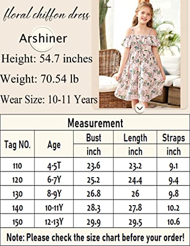 Arshiner Girls Summer Dress Short Sleeve Ruffle Trim Cold Shoulder Solid Color Swing Casual Looose Pink Floral 8-9 Years #TOP7