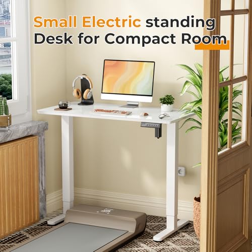 Image of JOY worker Small Electric Standing Desk, 40 inch x 20 inch Whole Glass Piece Height Adjustable Desk with Memory Controller, White Sit to Stand Desk Workstation for Home Office