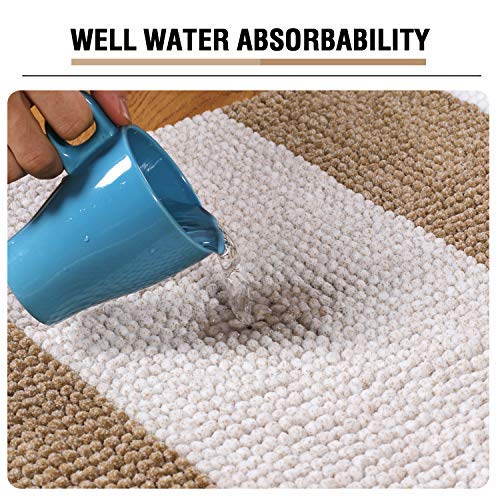 H.VERSAILTEX Bath Rug Set 2 Piece for Bathroom Non Slip Thick Chenille Bath Rugs Contour and Rectangle, Water Absorbent Microfiber Striped Pattern Shag Mats (20" x 32" Plus 20" x 20" U, Beige)