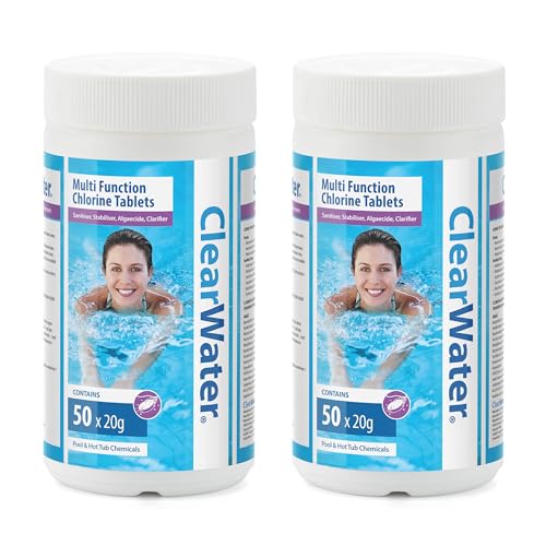 Clearwater 1kg Multifunction Chlorine Tablets 4-in-1 Dispenser Tablets (Sanitiser Stabiliser Algaecide and Clarifier) for Pools and Hot Tubs 100 x 20 g White