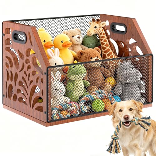 AHUONEL Dog Toy Basket Chew-Proof Dog Toy Box Wooden & Metal Pet Toy Storage Organizer Spacious Toy Storage Bin for Pet Toys Treats & Home Supplies Toy Box for Living Room