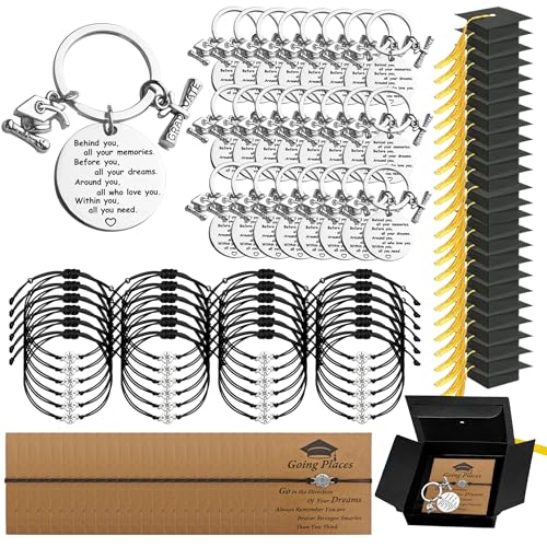 Sereficy 24 Sets 2026 Graduation Gifts Bulk Positive Behind You All Your Memories Keychain Unisex Bracelets Quote Card Comes in Cap Box for Class of 2026 Graduation Gifts for Students Her Him
