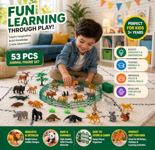 Image of Animals Set for Kids | Safari Animal Figures & Zoo Animal Toys with Trees, Fences & Mini Animal Figurines |50+ Pieces| Toys for Kids 3-5 Years