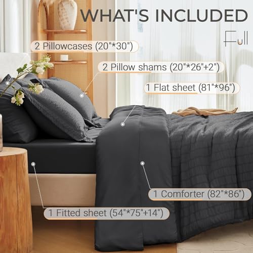 Image of MUXHOMO 7 Pieces Full Comforter Set, Seersucker Bed in a Bag Full Size, All Season Luxury Bedding Set with Comforter, Flat Sheet, Fitted Sheet, Pillowcases & Shams, Dark Grey