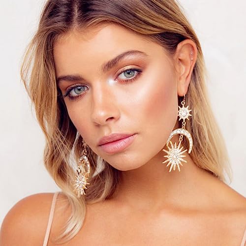 Exaggerated Punk Sun and Moon Earrings Crescent Moon Star Pendant Rhinestone Boho Vintage Earrings for Women4