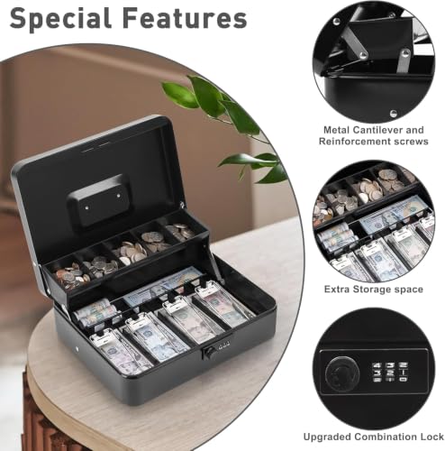 Image of Wosta Cash Money Safe Box - Compact Solid Steel Lockable Security Storage Chest for Loose Money, Coins, Change & Valuables with 2 Keys (XL Double Layer | Combination Lock)