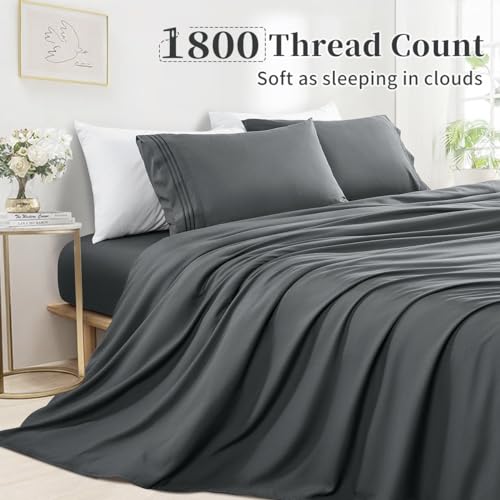 Breathable and Cooling Queen Size Sheet Set - Soft Microfiber Hotel Sheets - Deep Pockets - 4 Piece (Queen, Dark Grey)