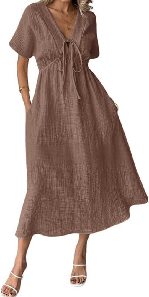 chouyatou Women's Summer Boho V-Neck Cotton Tunic Dress Casual Loose Short Sleeve Midi Long Beach Dress
