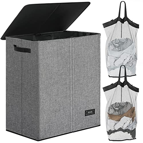 SOLEDI 145L Laundry Basket with Lid 2 Section, Washing Basket with 2 Removable Bags, Large Storage Baskets Laundry Hamper