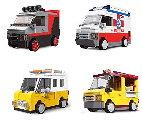 4 x Bausteine Auto mit Friktionsantrieb, A-Team Van, Food Truck, Krankenwagen, Lieferwagen, Konstruktionsspielzeug 407…