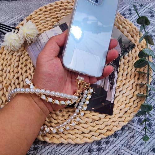 AGEN KGEN Phone Charm Anti Lost Wrist Strap Pearl Beaded Dual Phone Chain Hand Straps for Keychain Wallet Camera White