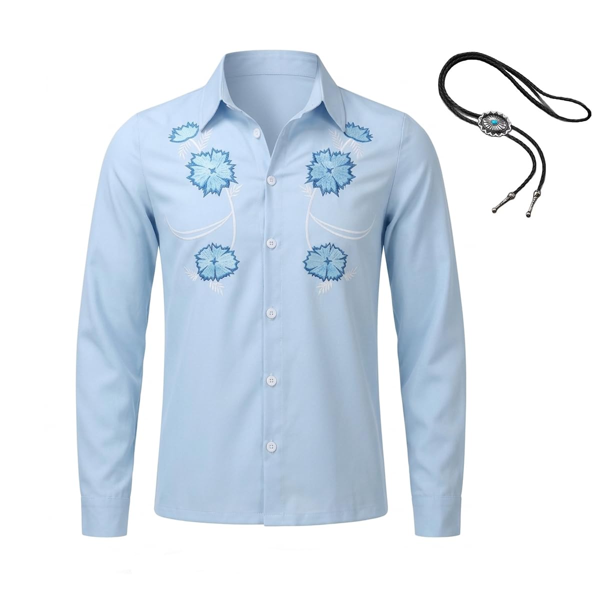 Cuzeolin Men's Napoleon Cosplay Dynamite Costume Pedro Bomb Blue Shirts Printed Long Sleeve Casual Shirts with Bolo Tie S