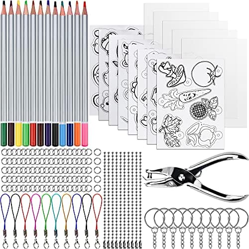 Wandefol 156pcs Heat Shrink Plastic Sheet Kit, Shrinky Art Paper for DIY Craft, 5 pcs Blank Shrink Paper, 8 pcs Shrink Paper with Pattern, 12 Color Pencil, Hole Punch, 130 pcs Keychains Accessories