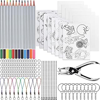 Wandefol 156 Pieces Heat Shrink Plastic Sheet Kit, Including 5Pcs Blank Shrink Paper and 8 Pcs Shrink Art Paper with Pattern, Hole Punch, Keychains, 12 Color Pencils for Kids, Shrinkable DIY Craft