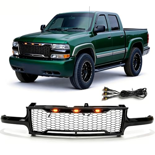 Front Grille Grill Compatible With 1999 2000 2001 2002 Chevy Silverado 1500 Glossy Black Mesh Grille w/LED Lamps Pickup Truck Insert Grills Front Hood Bumper