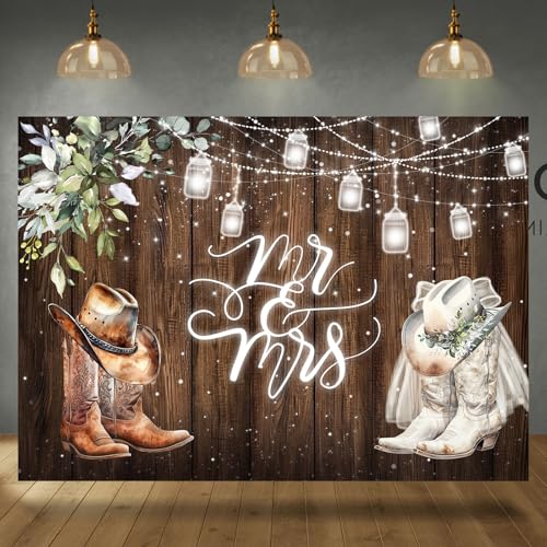 Rsuuinu Mr and Mrs Backdrop Western Boots Leaves Rustic Wooden Floor Country Wedding Engagement Photography Background Couples Shower Party Decoration Supplies Banner Photo Booth Studio Props 7x5ft