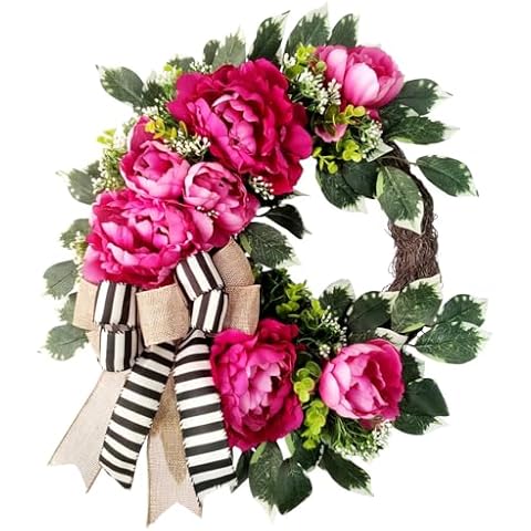 Spring Summer Wreath for Front Door,hot Pink Peony Door Wreath,Farmhouse Kitchen Wall Decor,Housewarming Gift, Wedding Door Decoration,Farmhouse Porch Decor, 20 inch Cover