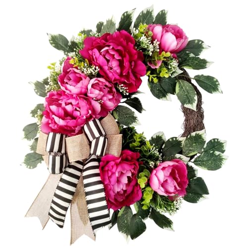 Vofuly Spring Summer Wreath for Front Door,hot Pink Peony Door Wreath,Farmhouse Kitchen Wall Decor,Housewarming Gift, Wedding Door Decoration,Farmhouse Porch Decor, 20 inch, Hotpink, VOF24A