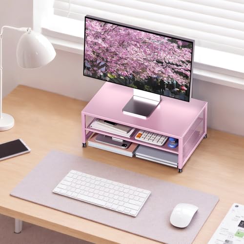 Image of ECOLOVI 2-Tier Computer Monitor Stand Riser, Printer & Laptop Stand, Office Desk Accessories, Workspace Desk Organizer for Home Office Supplies, Pink