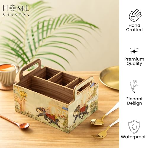 Image of Wooden Cutlery Holder with Gold Engraving | Pack of 1 | Size : 9 x 7 x 5.5 inch | Enamel Coated Waterproof | Cutlery Holder for Dining Table | (Royal Elephant)