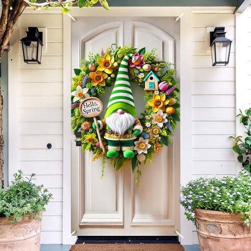 Image of Hello Spring Gnome Door Cover 35x71in Green Daffodil