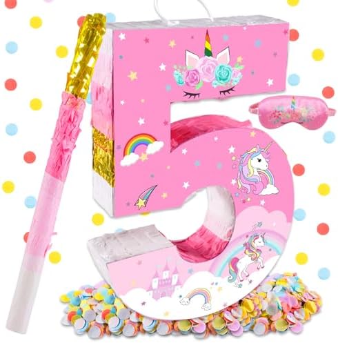 Unicorn Birthday Decorations, Unicorn Number 5 Pinata, Pink & Gol...