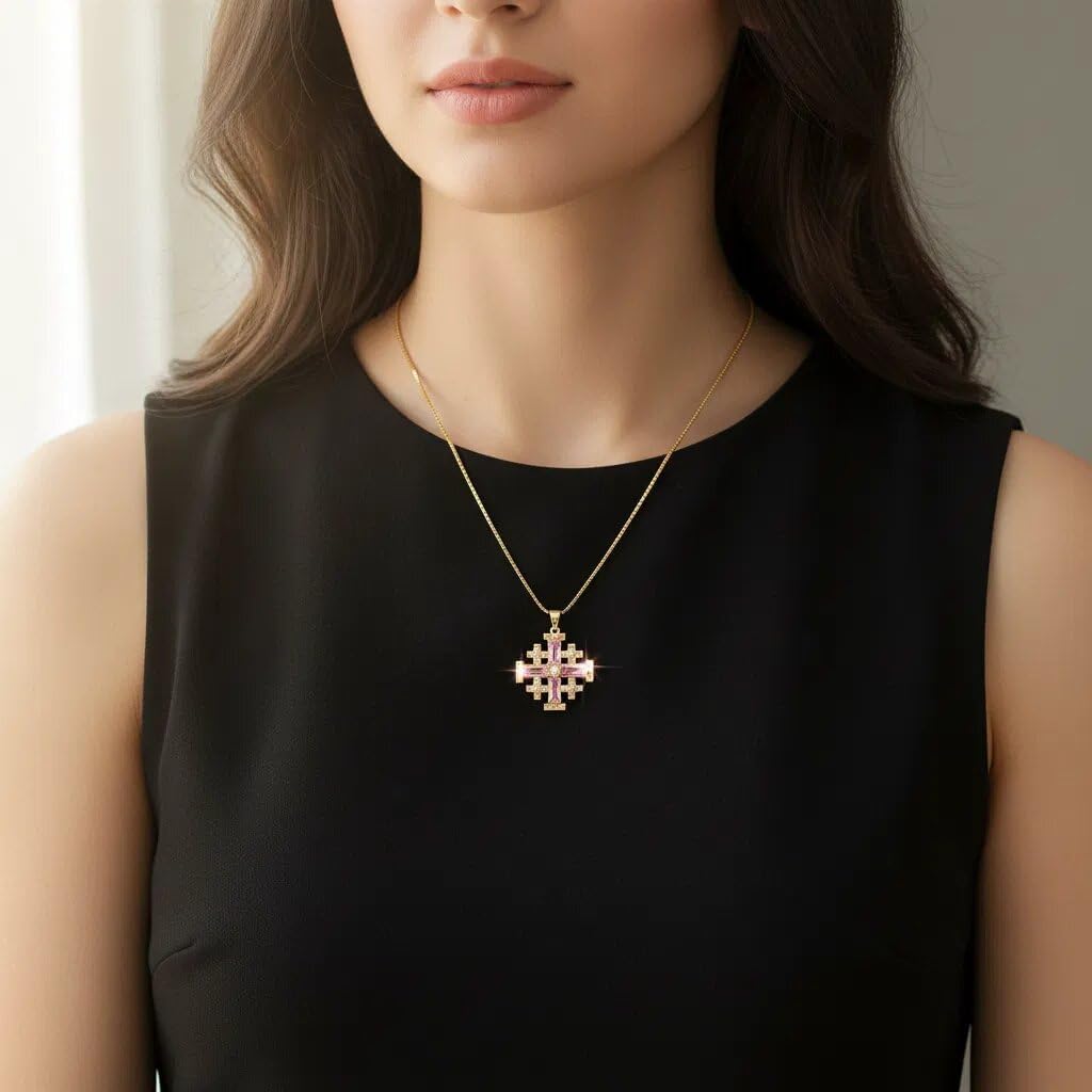 Nazareth Store 18k Yellow Gold Plated Crusaders Jerusalem Cross Pendant with Crystallized Topaz and 20" Necklace Chain