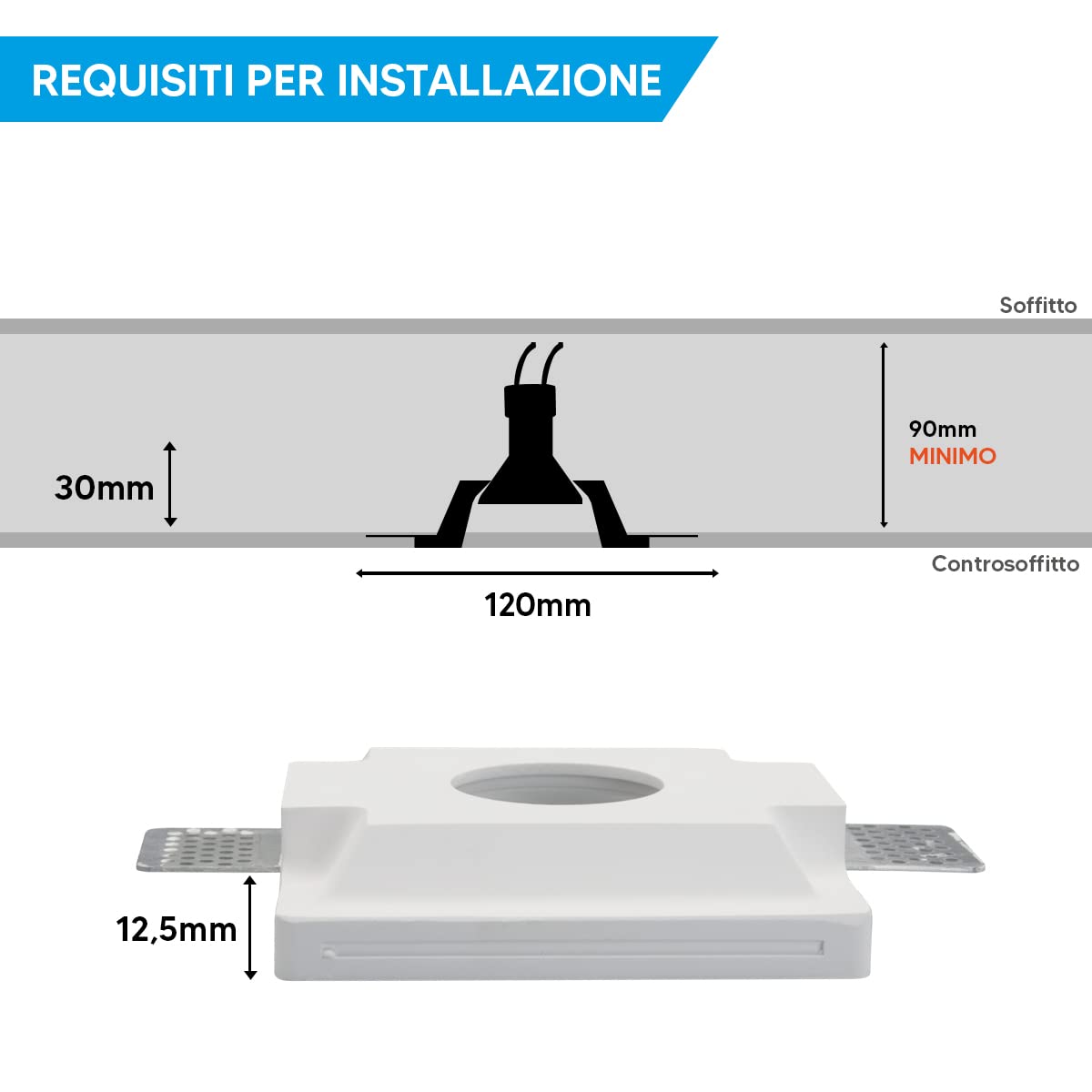 Eurekaled - 5 pezzi Portafaretto da Incasso in Gesso CERAMICO Quadrato slim con Vetro per cartongesso per GU10 12x12x3cm - A scomparsa totale C13