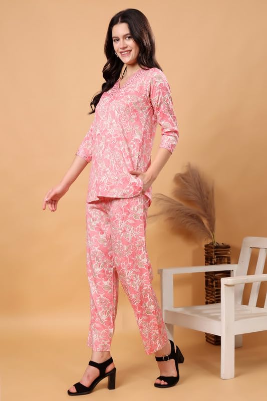 Image of London Hills Women Printed Kurta with Pant Salwar Suit Set || Plazo Kurti Cotton Set