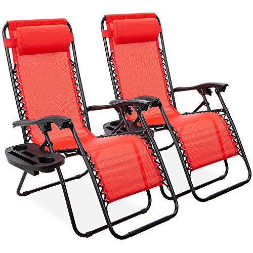 Best Choice Products Set of 2 Adjustable Steel Mesh Zero Gravity Lounge Chair Recliners w Pillows and Cup Holder Trays, Crimson Red