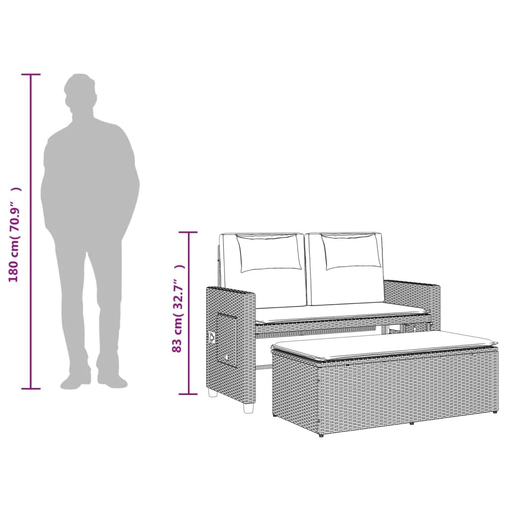 Ławka ogrodowa regulowana z poduszką, beżowa, polirattanowa, 2 w 1, ławka do siedzenia i sofa do spania, na balkon, taras, werandę, odporna na warunki atmosferyczne, stabilna drewniana ławka