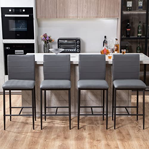 Bar Stools Set Of 4 - Faux Leather Barstools,Modern Kitchen Island Stools,Counter Height Bar Chairs With Back And Footrest, 26 Inch Bar Stools For Kitchen Counter Island,4 Island Stools, Gray #TOP14