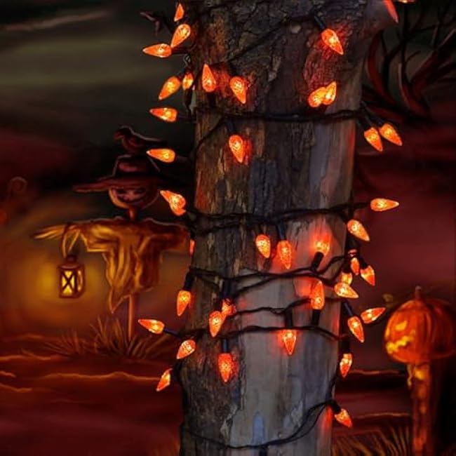 Orange C3 Halloween String Lights 50LED Strawberry 18ft Waterproof Black Wire Lights for Outdoor Indoor Garden Yard Home Halloween Party Decoration(Orange)