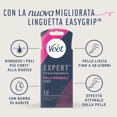 Veet Expert strisce depilatorie Pelli Normali, Per Viso, Dermatologicamente testate, Confezione da 36 con 6 salviette Post Epilazione - Immagine 1