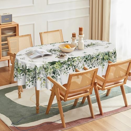 Image of Horaldaily Spring Tablecloth 60 x 84 Inch Oval Green Eucalyptus Seasonal | Washable Table Cover for Party Picnic Dinner Decor