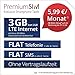 Produktbild Handyvertrag PremiumSIM LTE S Allnet Flat - ohne Vertragslaufzeit (FLAT Internet 3 GB LTE mit max 50 MBit/s mit deaktiverbarer Datenautomatik, FLAT Telefonie, FLAT SMS und EU-Ausland, 5,99 Euro/Monat)