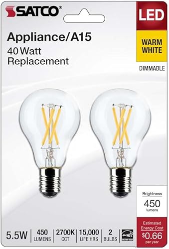 Miniatura 3 de Satco S21872 - Bombilla LED A15 de 5,5 W, transparente, base intermedia, 2700 K, 450 lúmenes, paquete de 2