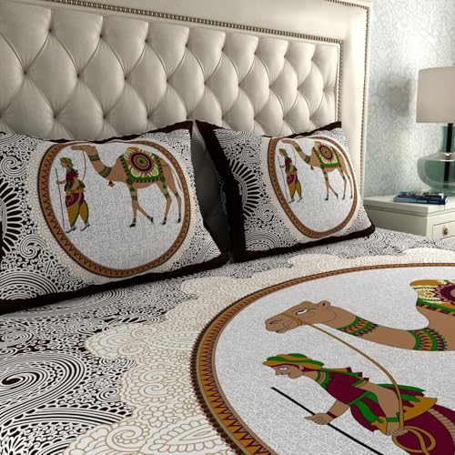 Image of LA VERNE 104 TC Cotton Double Bed Bedsheet Jaipuri Rajasthani Print Bedsheet with 2 Pillow Covers (Brown)