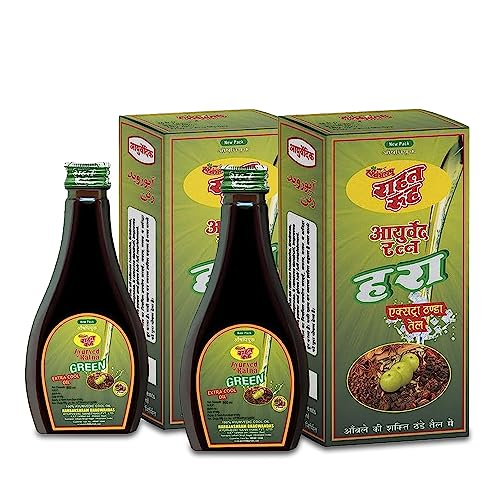 Image of Rahat Rooh Ayurved Ratna Green Cool Oil for Hair 1000 ml | Ayurvedic Hair Nourishment & Dandruff Oil | Power of 17+ Ayurvedic Herbs | Relives Headache, Tiredness, Stress & Sleepness | 500ml X 2