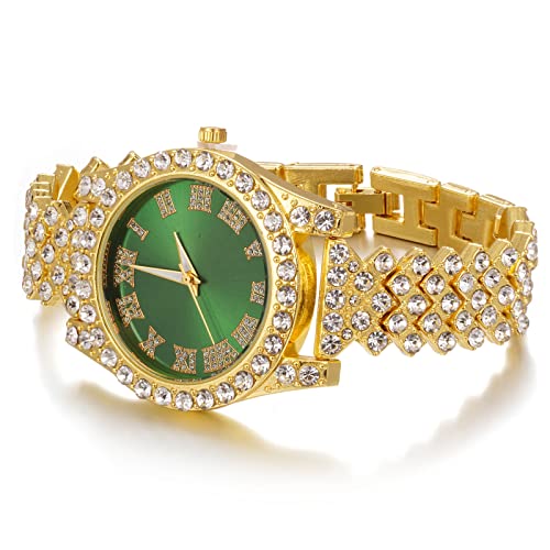 Image of Halukakah Diamonds Gold Watch Iced Out, Kid's 18K Real Gold /Platinum White Gold Plated 36MM Width Green /Blue /Red Dial Quartz Wristband 8 inch with Cuban Link Chain 7 inch+16 inch Bracelet, Free Giftbox