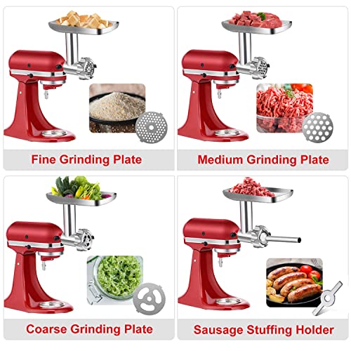 Metal Food Grinder Attachment For Kitchenaid Stand Mixers, G-Ting Meat Grinder Attachment Included 2 Sausage Stuffer Tubes, 3 Grinding Blades, 3 Grinding Plates #TOP4