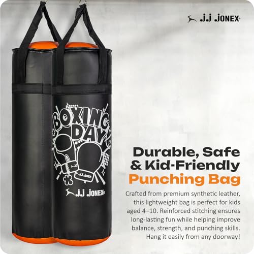Image of JJ Jonex Sports Kids Boxing Punching Bag Set - Heavy Boxing Bag, Gloves, MMA, Home Gym & Martial Arts Training Equipment | for Boys & Girls for Age 3 4 5 6 7 8 Years | Black Color |