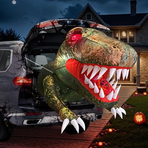 KOITHE Halloween Inflatable Outdoor Decorations 3.8FT Trunk or Treat Car Decorations Blow Up Animated Dinosaur with Flashing Red LED Eyes for Halloween Yard Decoration